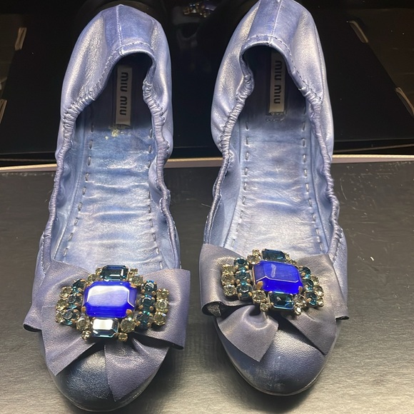Miu Miu ballerina flats, indigo blue leather with stones on toe box - Picture 2 of 7